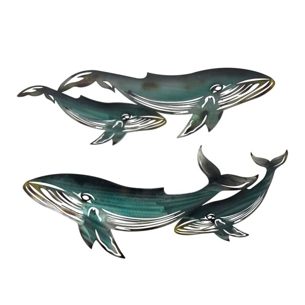 Set of 2 Blue Metal Whale Family Wall Plaques 30 in Wide Each Coastal Decor